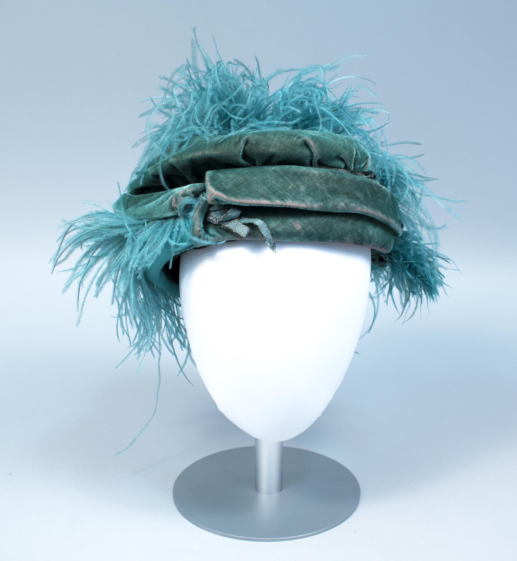 Image of Velvet toque with ostrich feathers, ca. 1910-1920s